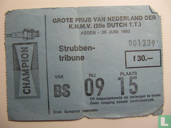 Toegangskaart Dutch TT Assen 1980 race zaterdag