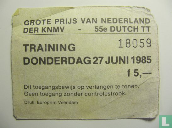 Toegangskaart Dutch TT Assen 1985 training donderdag