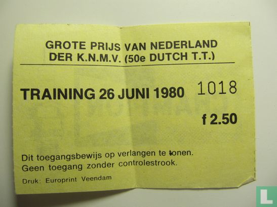 Toegangskaart Dutch TT Assen 1980 training donderdag