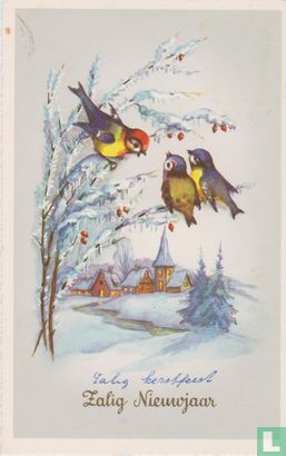 Zalig Nieuwjaar - Zalig Kerstfeest _ Drie vogels in sneeuwlandschap - Afbeelding 1