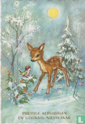 Prettige Kerstdagen en Gelukkig Nieuwjaar - Hertje en vogeltje in winterlandschap - Afbeelding 1