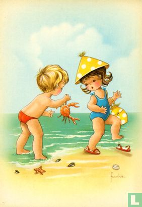 Kinderen met krab aan strand (900/106) - Bild 1