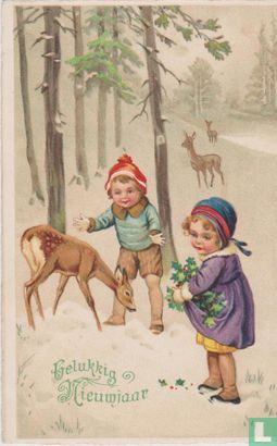 Gelukkig Nieuwjaar. Kinderen met hertjes en hulst. - Bild 1