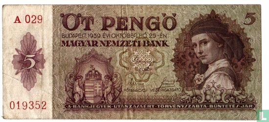 Hongrie 5 Pengö 1939 - Image 1