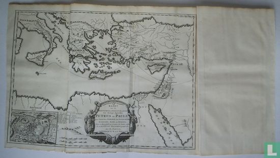 Kaart van de Reis-tochten en Verblyf-plaatsen der heilige Apostelen Petrus en Paulu door Galilea, Samarie, het Ioodsche land, Egypten, Asië en Europa
