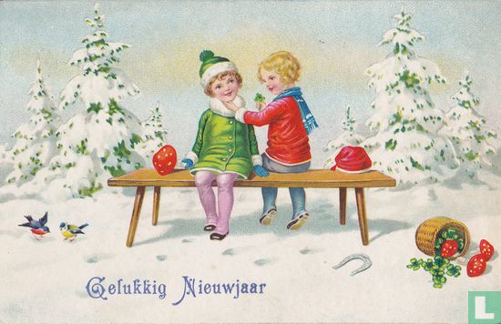 Gelukkig Nieuwjaar: Kinderen op bankje in de sneeuw - Afbeelding 1