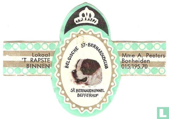 Belgische St-Bernardusclub St. Bernardkennel Befferhof - Lokaal 't Rapste Binnen - Mme A. Peeters Bonheiden 015/195.70 - Afbeelding 1