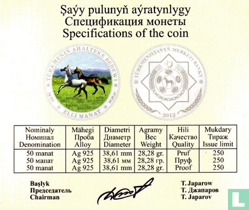 Turkmenistan 50 Manat 2013 (PP - Silber) "Akhal Teke horses" - Bild 3