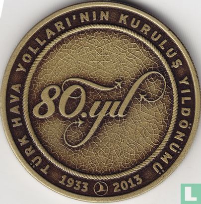 Turkey 20 türk lirasi 2013 (OXYDE - brass) "80th Anniversary of Turkish Airlines" - Image 2
