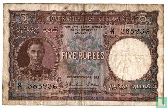Ceylan 5 roupies 1942 - Image 1