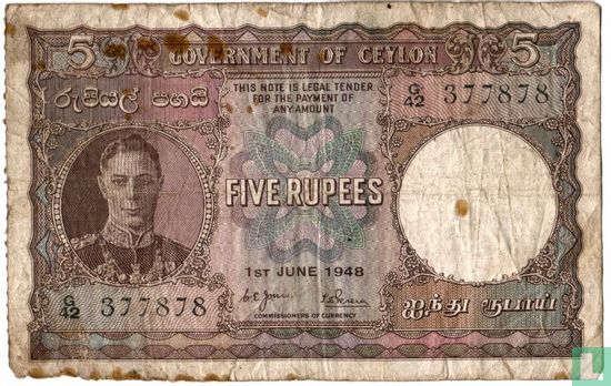Ceylon 5 rupees 1948 - Afbeelding 1