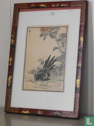 Originele houtsnede in decoratieve lijst van Kono Bairei. Japan. Ca. 1850. - Bild 1