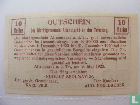 Altenmarkt an der Triesting 10 Heller 1920 - Bild 2