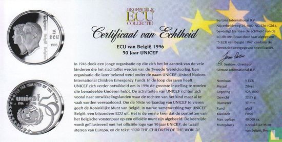 België 5 ecu 1996 (PROOF) "50 years UNICEF" - Afbeelding 3