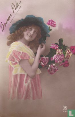 Bonne Fête - Jonge dame met rozen, en ingekleurde jurk en hoed - Image 1