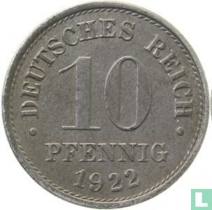 Duitse Rijk 10 pfennig 1922 (F) - Afbeelding 1