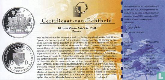 Andorra 10 diners 1998 (PROOF) "Europa driving a chariot" - Image 3