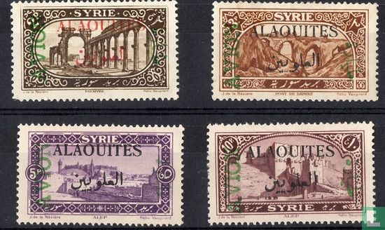 Postage stamps with green overprint