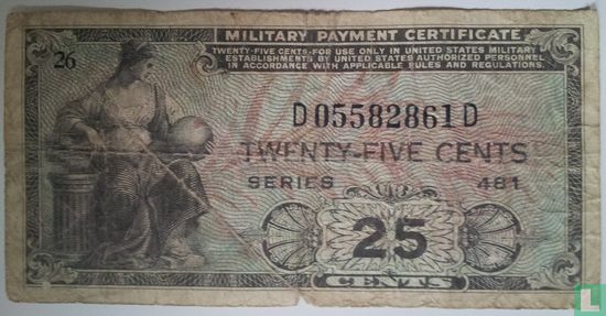 U S Army 25 Cents Military Payment Certificate Series 481 - Afbeelding 1