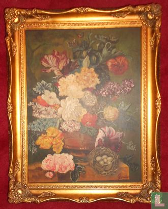 Still life with flowers and a bird's nest - Image 1