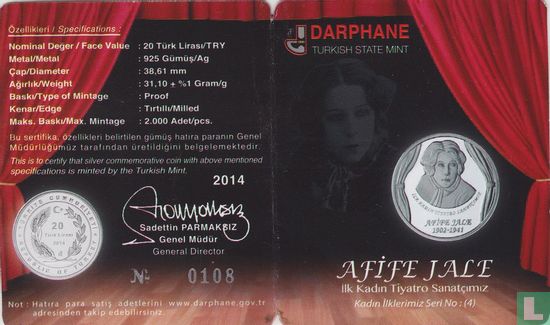 Turquie 20 türk lirasi 2014 (BE) "Afife Jale - First female Turkish theatre actress" - Image 3