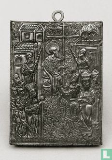 Icoon, verzilverd tafereel in relief - eerste helft 20e eeuw. - Afbeelding 1