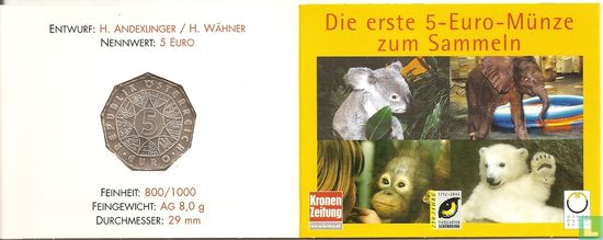 Autriche 5 euro 2002 (folder - éléphant) "250th anniversary of the Schönbrunn Zoo" - Image 2