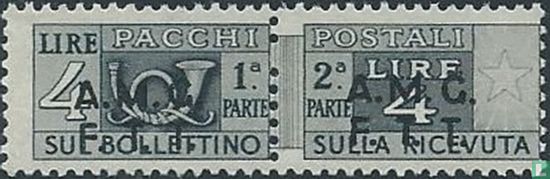 Italian parcel post stamp with overprint AMGFTT