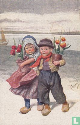 Kindjes met tulpen in pot - Afbeelding 1