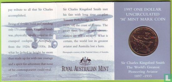 Australien 1 Dollar 1997 (Folder - M) "100th anniversary of the birth of Sir Charles Kingsford Smith - Fokker plane over world map" - Bild 1