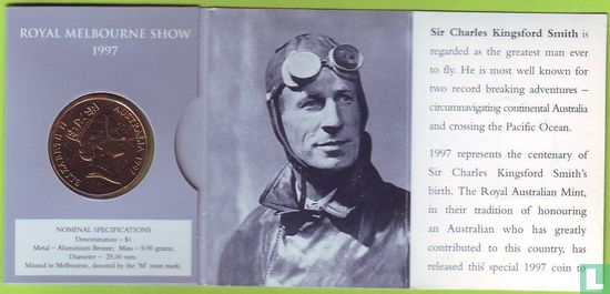 Australien 1 Dollar 1997 (Folder - M) "100th anniversary of the birth of Sir Charles Kingsford Smith - Fokker plane over world map" - Bild 2