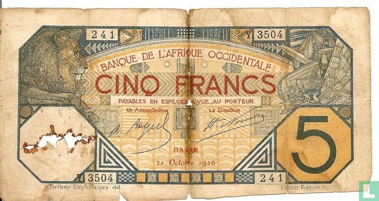 French West Africa 5 Francs  - Image 1