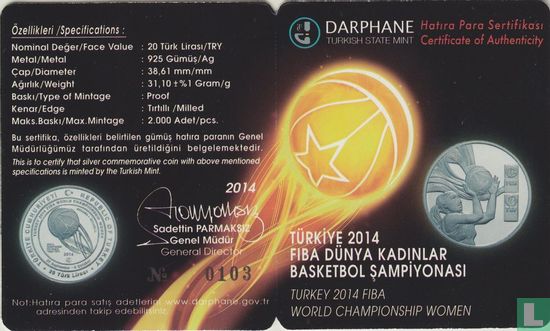 Turkey 20 türk lirasi 2014 (PROOF) "World Basketbal Championship for women - Turkey 2014"  - Image 3