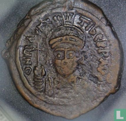 Byzantijnse Rijk, AE Follis (40 Nummi), 582-602 AD, Mauricius Tiberius, Constantinopel, 586 AD - Afbeelding 1