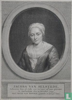 JACOBA VAN SELSTEDE, Gebooren den 28 July 1711.  in haar 24ste jaar getrouwt, in Amsterdam, den 24 October, 1734. met JACOB VAN HOORN, gaande in syn 97ste Jaar.