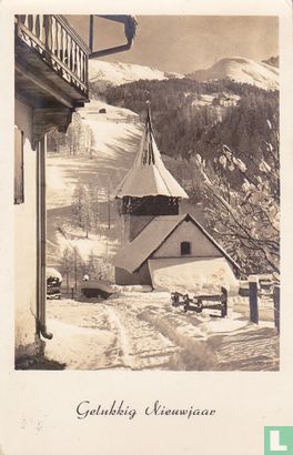 Gelukkig Nieuwjaar: Besneeuwd kerkje in de bergen - Afbeelding 1