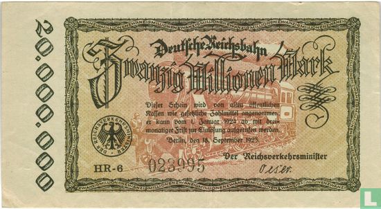 Berlin  (Reichsbahn) 20 Miljoen Mark 1923 - Afbeelding 1