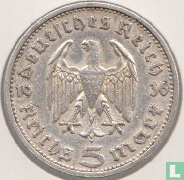 German Empire 5 reichsmark 1936 (without swastika - E) - Image 1