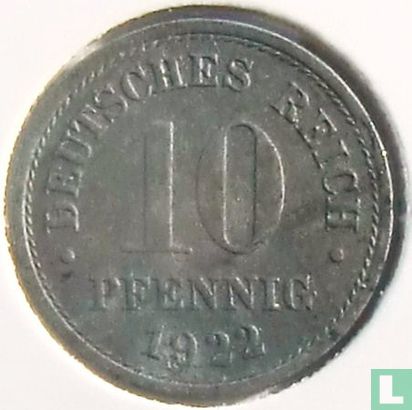 Empire allemand 10 pfennig 1922 (sans marque d'atelier - fauté) - Image 1