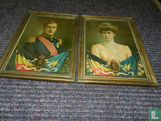 2 oude prenten S.M. Albert, Roi des Belges en S.M. Elisabeth, Reine des Belges - Afbeelding 1