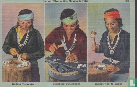 G43 - Navajo Indian silversmiths making jewelry, setting Turquoise, stamping decorations, hammering to shape - Afbeelding 1