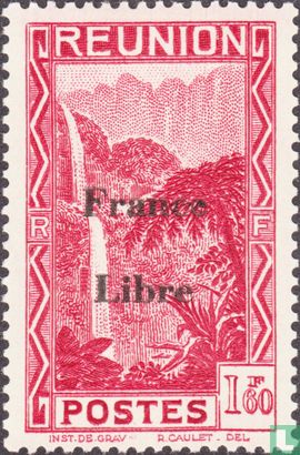 Salazie waterfall, overprinted "France libre"