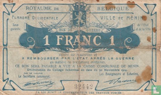 Meenen 1 Franc 1914 - Bild 2