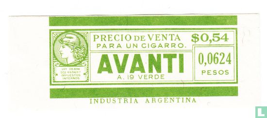 Avanti A. 19 Verde Precio de Venta Para Un Cigarro $ 0,54 -Ley 20.046 Dto 6934/67 Impuestos Internos - 0,0624 Pesos Industria Argentina - Afbeelding 1