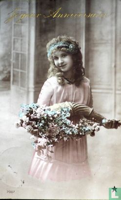 Belle Epoque .Joyeux Anniversaire.  Jonge Vrouw ' Emile' Diadeem en Bloemen Hoorn - Image 1