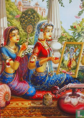Radharani with Gopis.Krishna  Purva Raga Vrindavan Art 