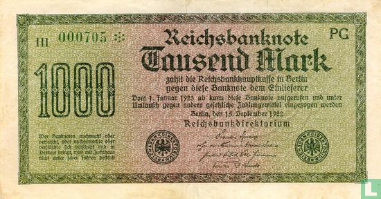 Reichsbank, 1000 Mark 1922 (P.76e - Ros.75m) - Image 1