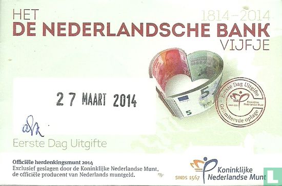 Netherlands 5 euro 2014 (coincard - first day issue) "200 years of the Netherlands Central Bank" - Image 3