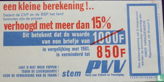 1961 1000 Frank Specimen.Stem PVV Partij voor Vrijheid en vooruitgang - Afbeelding 2