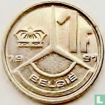 Belgium 1 franc 1991 (NLD - misstrike)   - Image 1